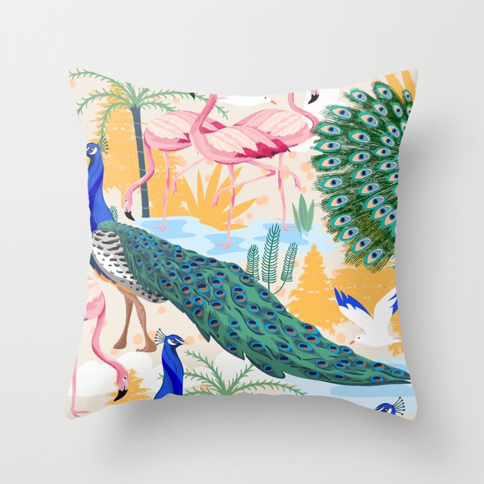 Utopia, Tropical Wildlife Animals, Flamingo Peacock Seagull Vintage Botanical Palm Throw Pillow