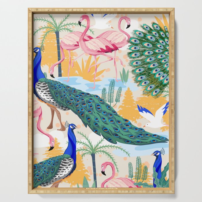 Utopia, Tropical Wildlife Animals, Flamingo Peacock Seagull Vintage Botanical Palm Serving Tray