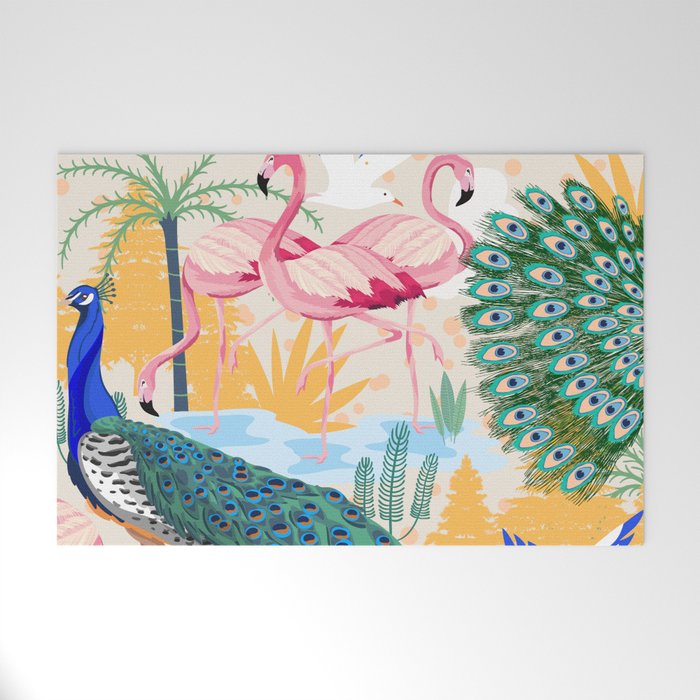 Utopia, Tropical Wildlife Animals, Flamingo Peacock Seagull Vintage Botanical Palm Welcome Mat
