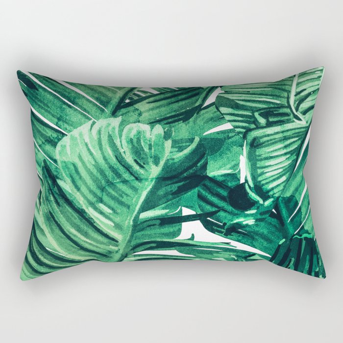 Tropical State Of Mind | Watercolor Palm Banana Leaves Painting | Botanical Jungle Bohemian Plants Rectangular Pillow