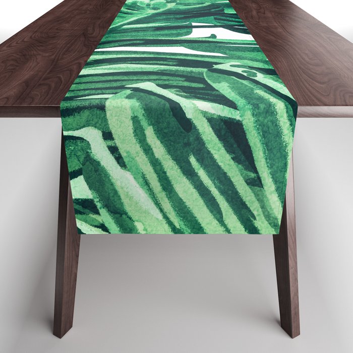 Tropical State Of Mind | Watercolor Palm Banana Leaves Painting | Botanical Jungle Bohemian Plants Table Runner