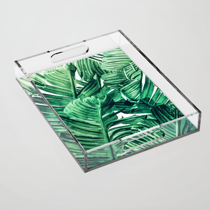 Tropical State Of Mind | Watercolor Palm Banana Leaves Painting | Botanical Jungle Bohemian Plants Acrylic Tray