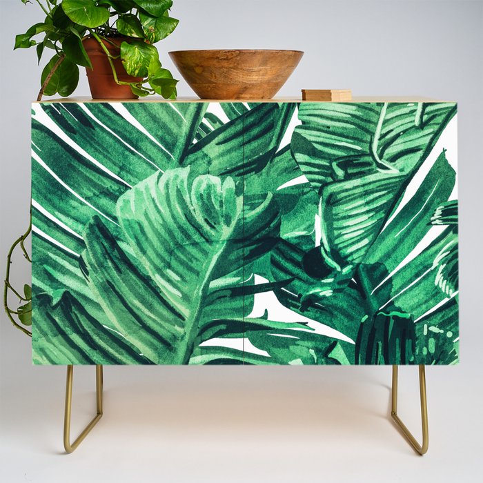 Tropical State Of Mind | Watercolor Palm Banana Leaves Painting | Botanical Jungle Bohemian Plants Credenza