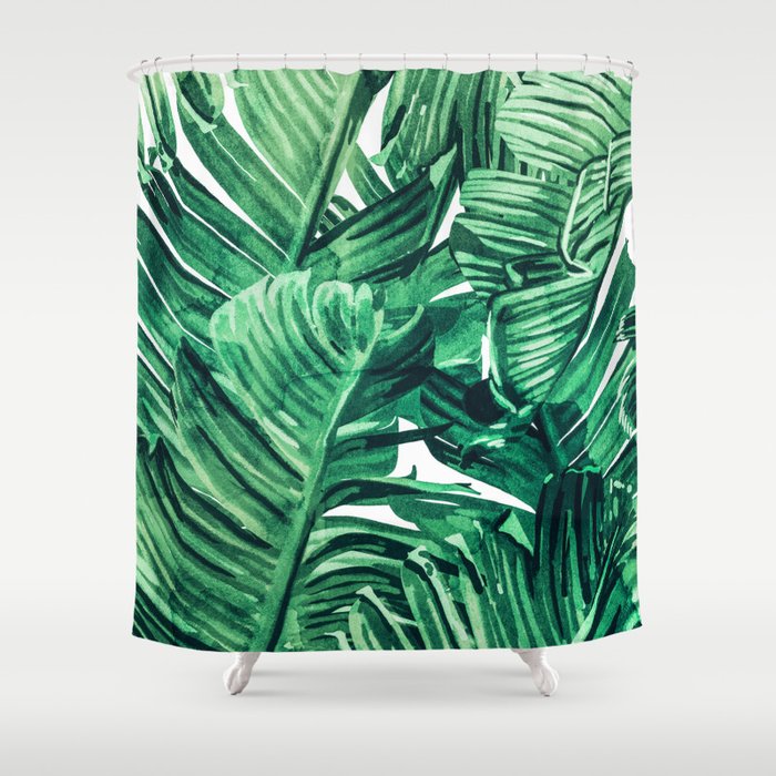 Tropical State Of Mind | Watercolor Palm Banana Leaves Painting | Botanical Jungle Bohemian Plants Shower Curtain