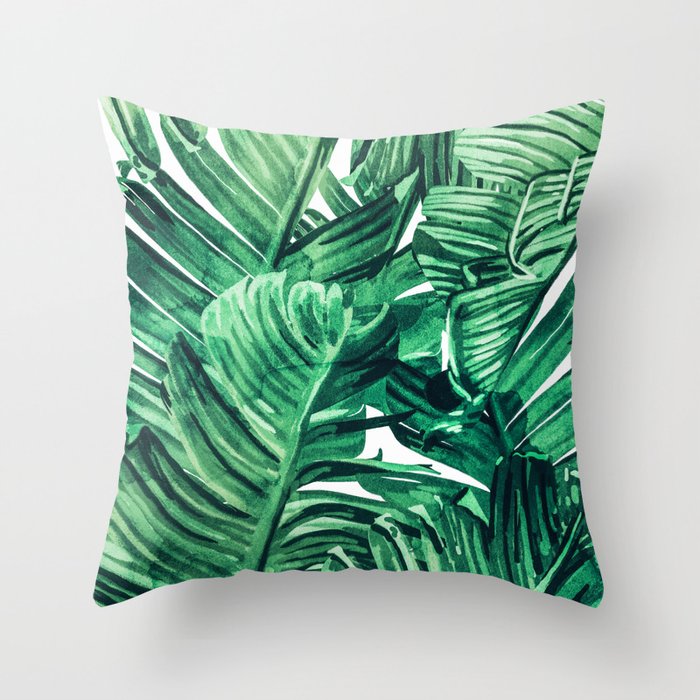 Tropical State Of Mind | Watercolor Palm Banana Leaves Painting | Botanical Jungle Bohemian Plants Throw Pillow
