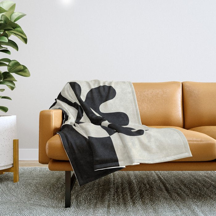 Mid Century Modern Organic Abstraction 235 Black And Ivory White Throw Blanket