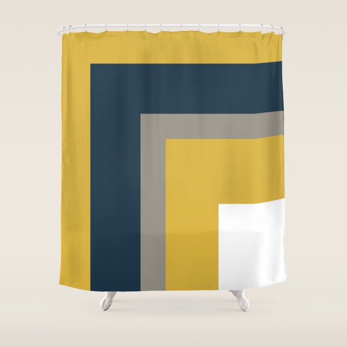 Half Frame Minimalist Pattern In Deep Mustard Yellow, Navy Blue, Gray, And White Shower Curtain
