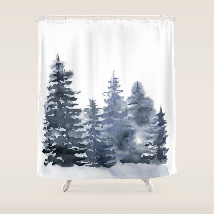Blue Forest, Abstract Watercolor Shower Curtain