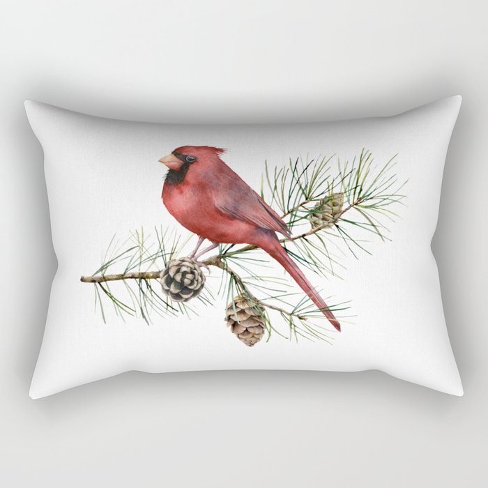 Christmas Red Cardinal Bird And Pine Watercolor Rectangular Pillow