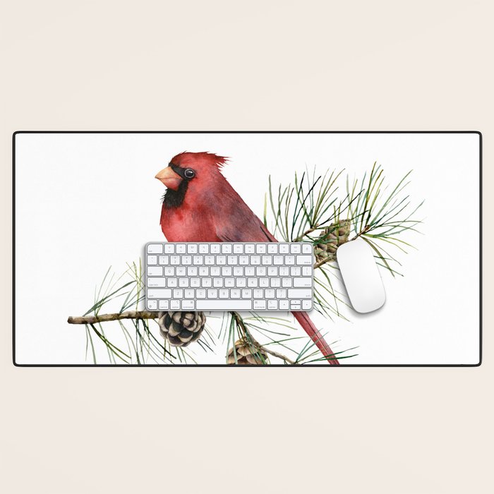 Christmas Red Cardinal Bird And Pine Watercolor Desk Mat