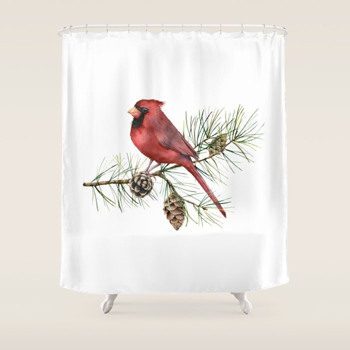 Christmas Red Cardinal Bird And Pine Watercolor Shower Curtain