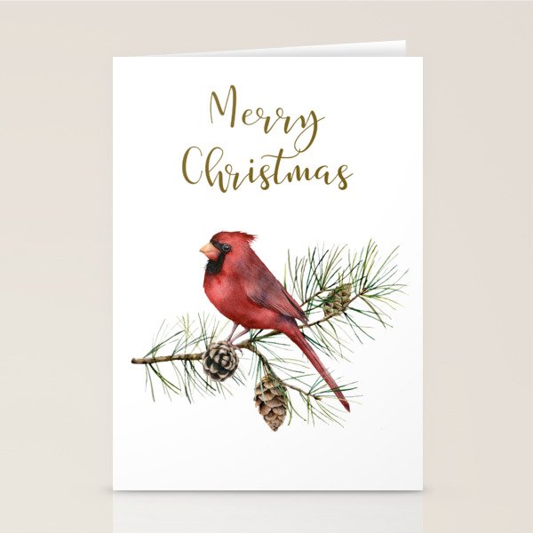 Christmas Red Cardinal Bird And Pine Watercolor Stationery Card