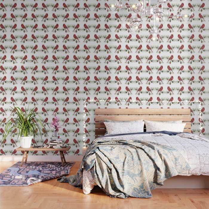 Christmas Red Cardinal Bird And Pine Watercolor Wallpaper