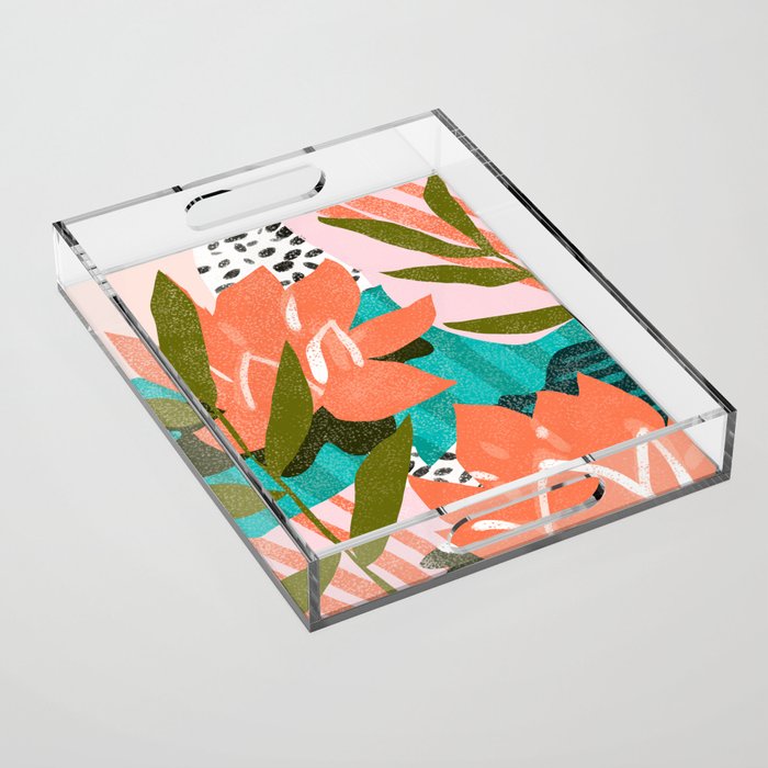 Forever In My Garden | Abstract Botanical Nature Plants Floral Painting | Quirky Modern Contemporary Acrylic Tray