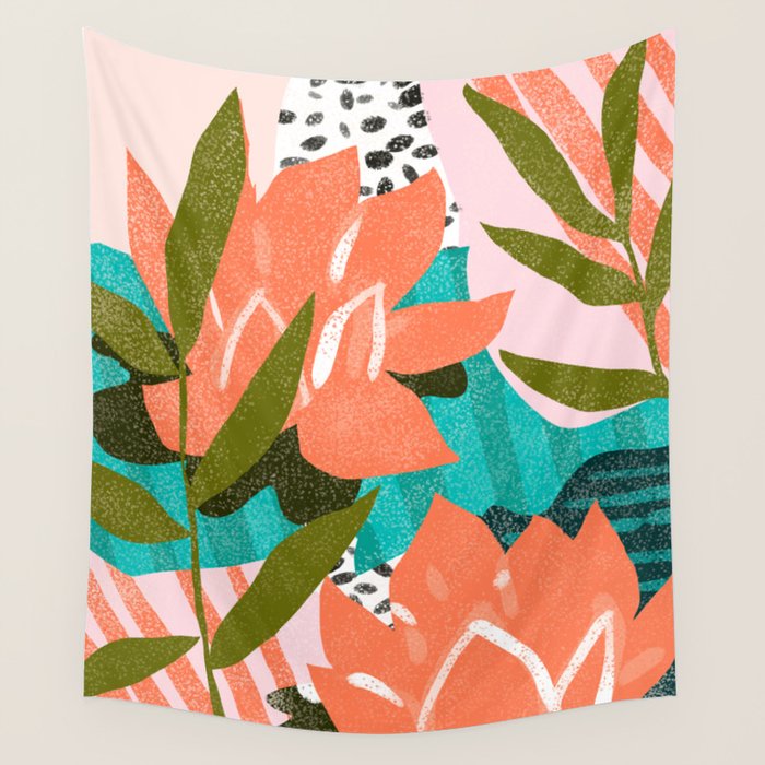 Forever In My Garden | Abstract Botanical Nature Plants Floral Painting | Quirky Modern Contemporary Wall Tapestry
