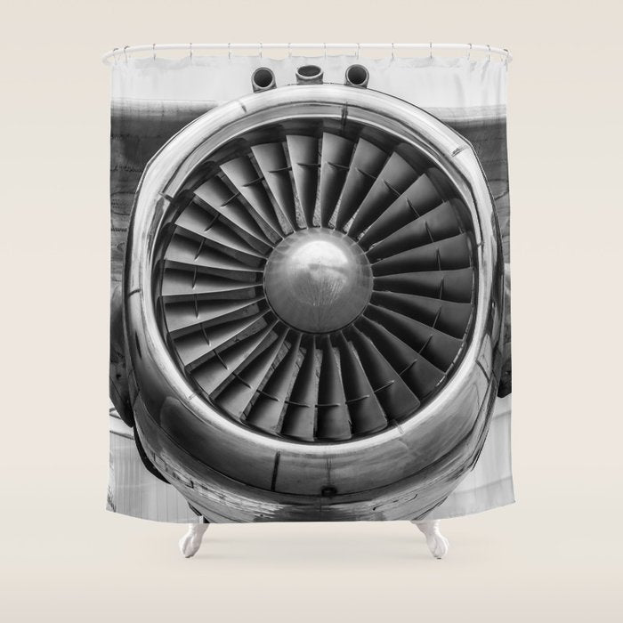 Vintage Airplane Turbine Engine Black And White Photography / Black And White Photographs Shower Curtain