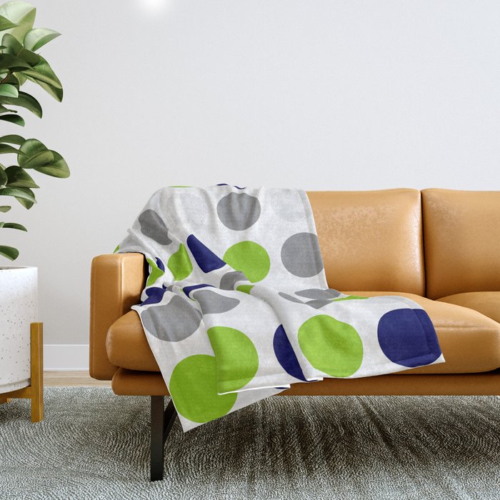 Lime Green, Bright Navy Blue, And Gray Multi Dots Minimalist Pattern On White Throw Blanket