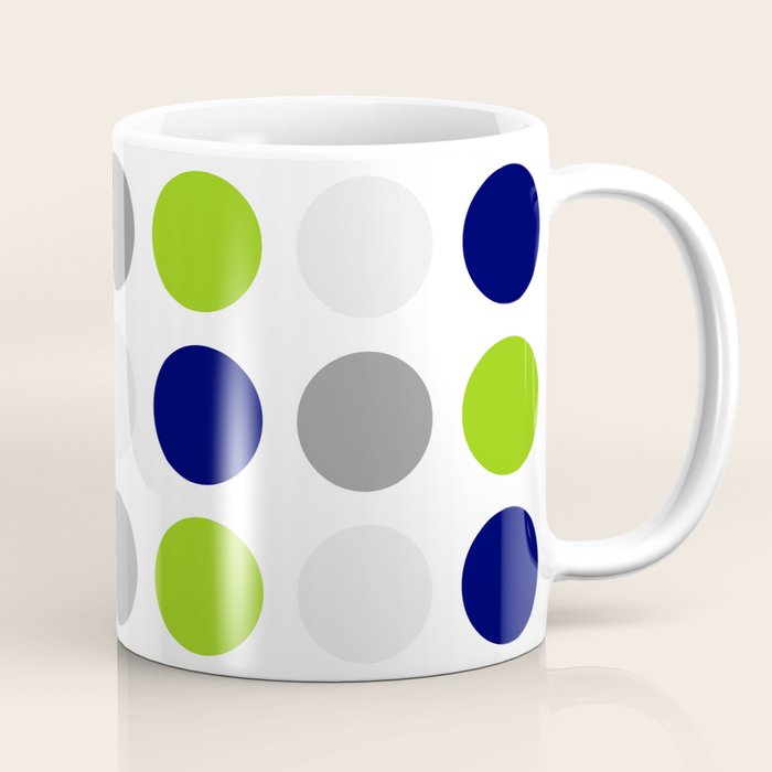 Lime Green, Bright Navy Blue, And Gray Multi Dots Minimalist Pattern On White Coffee Mug