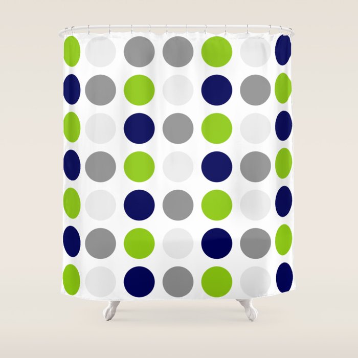 Lime Green, Bright Navy Blue, And Gray Multi Dots Minimalist Pattern On White Shower Curtain