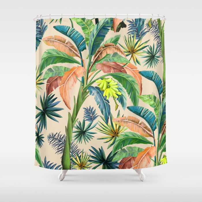 Palm Life, Tropical Palm Leaves, Hollywood Regency, Green, Orange Shower Curtain