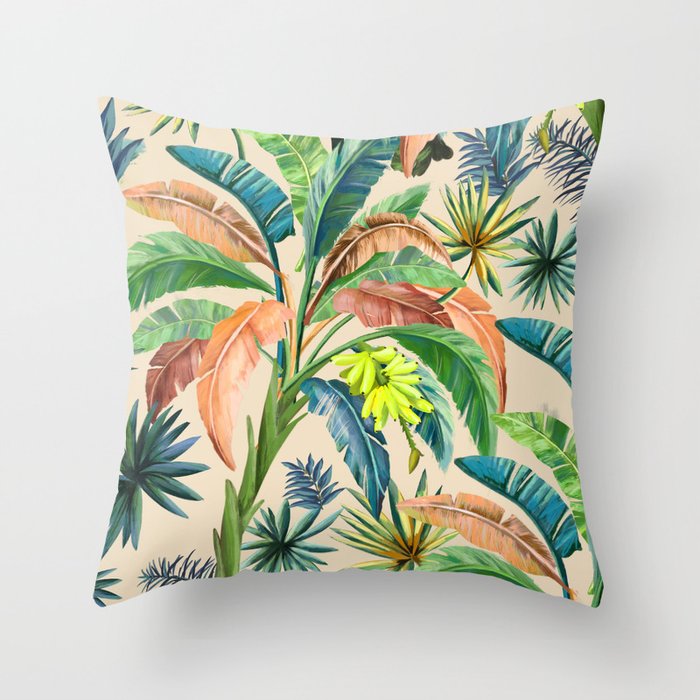 Palm Life, Tropical Palm Leaves, Hollywood Regency, Green, Orange Throw Pillow