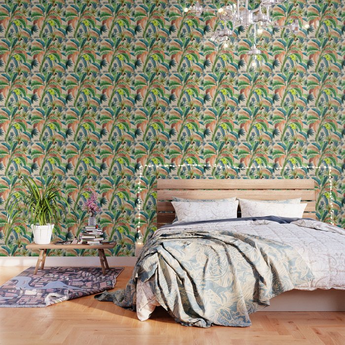 Palm Life, Tropical Palm Leaves, Hollywood Regency, Green, Orange Wallpaper
