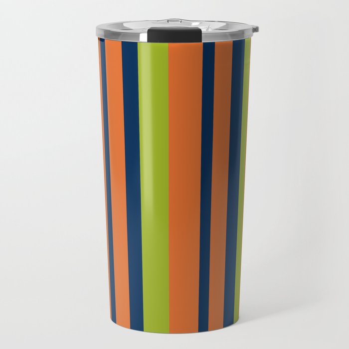 Vertical Retro Stripes In Navy Blue, Orange, And Lime Green Pattern Travel Mug
