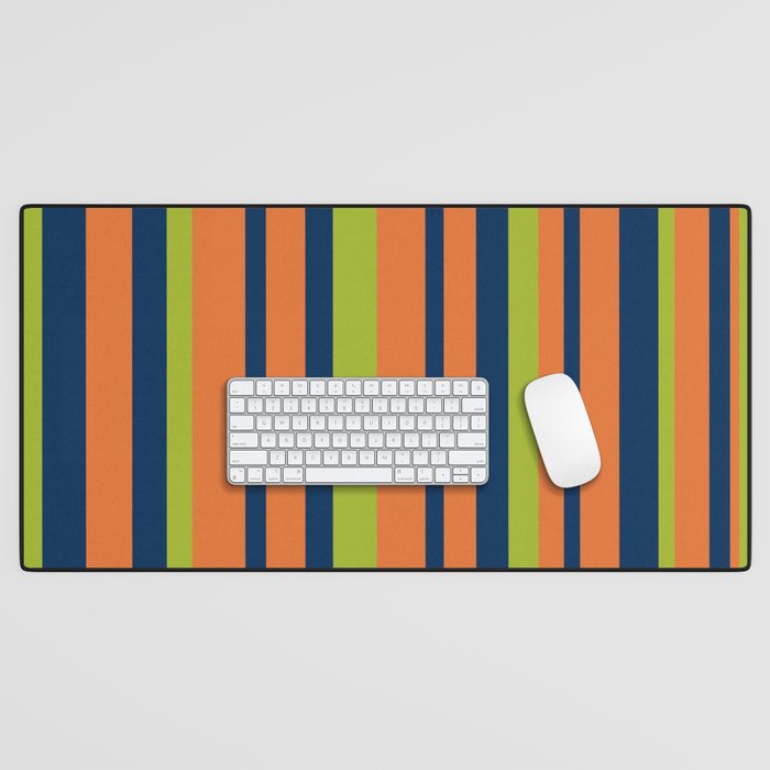 Vertical Retro Stripes In Navy Blue, Orange, And Lime Green Pattern Desk Mat