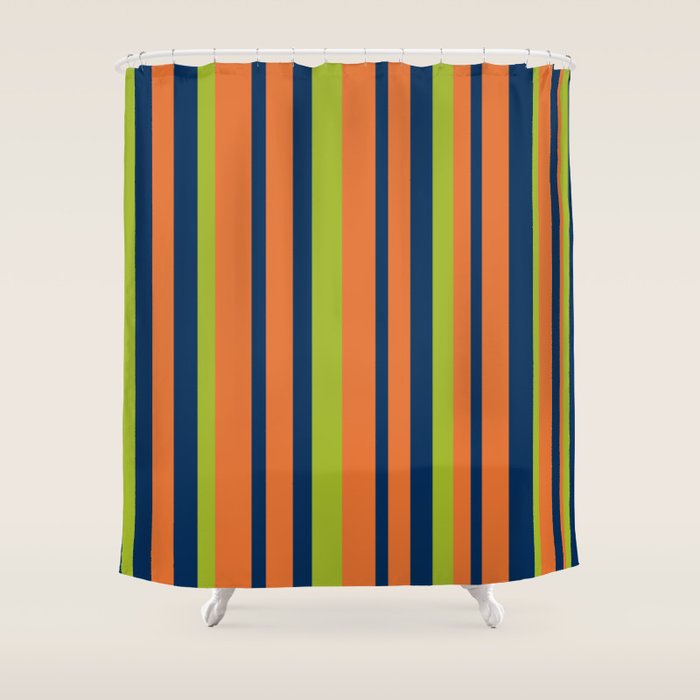Vertical Retro Stripes In Navy Blue, Orange, And Lime Green Pattern Shower Curtain