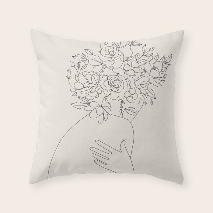 Woman With Flowers Minimal Line Iii Throw Pillow