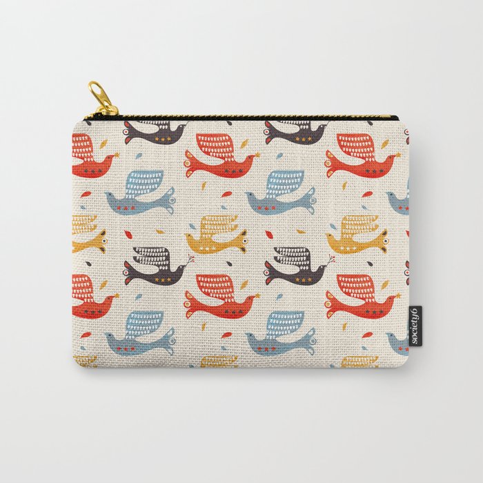 Festive Birds Retro Pattern Carry All Pouch