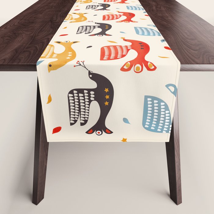 Festive Birds Retro Pattern Table Runner
