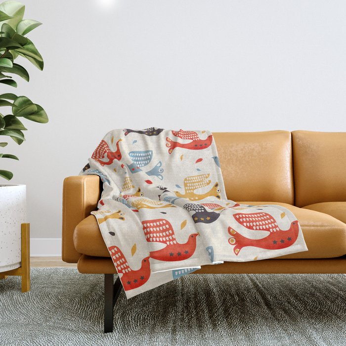 Festive Birds Retro Pattern Throw Blanket
