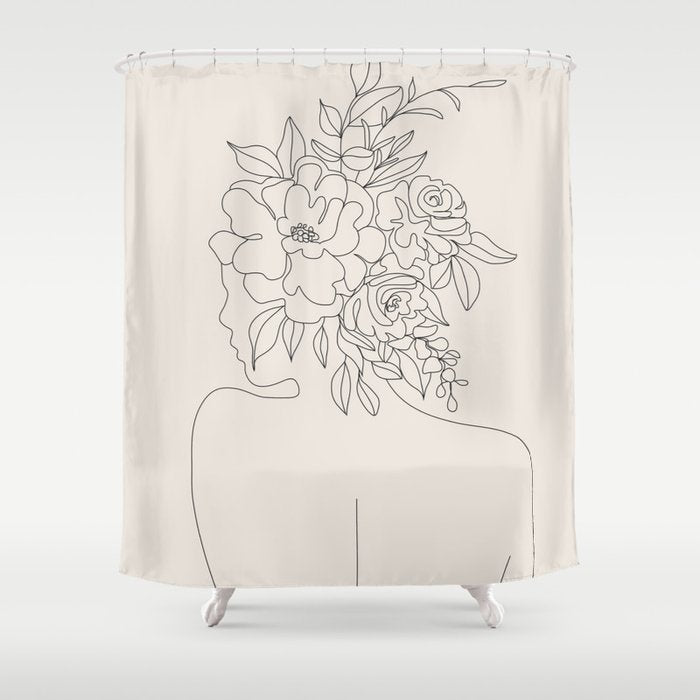 Woman With Flowers Minimal Line I Shower Curtain