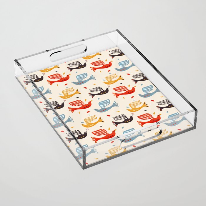 Festive Birds Retro Pattern Acrylic Tray