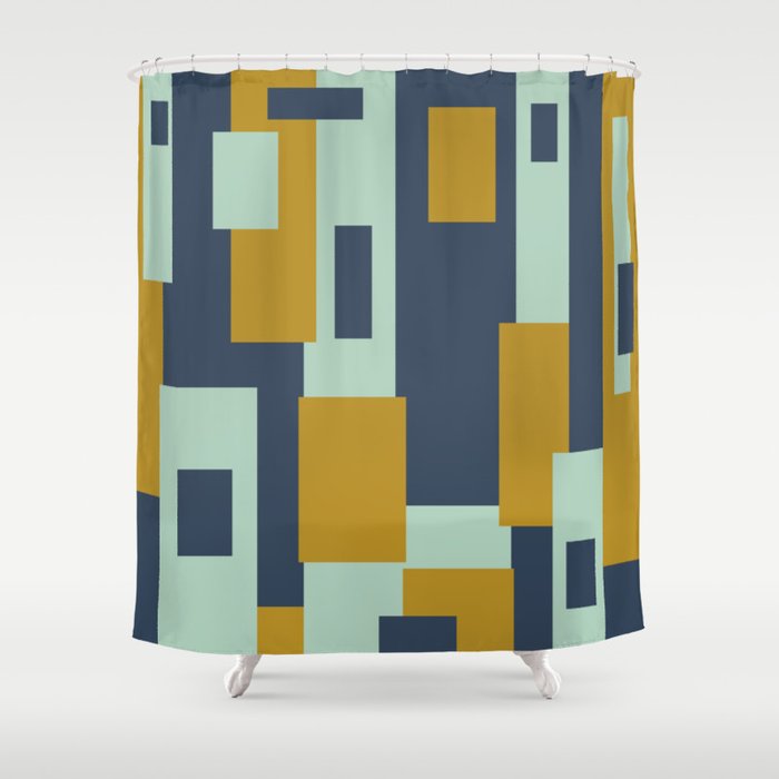 Cosmopolitan Mid Century Modern Geometric Pattern Mint Mustard Blue Shower Curtain