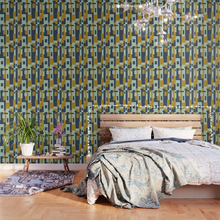 Cosmopolitan Mid Century Modern Geometric Pattern Mint Mustard Blue Wallpaper