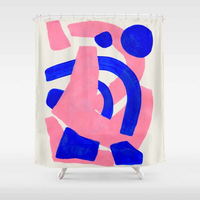 Abstract Painting Mid Century Modern Abstract Funky Sound Waves Pink Blue Shapes Shower Curtain