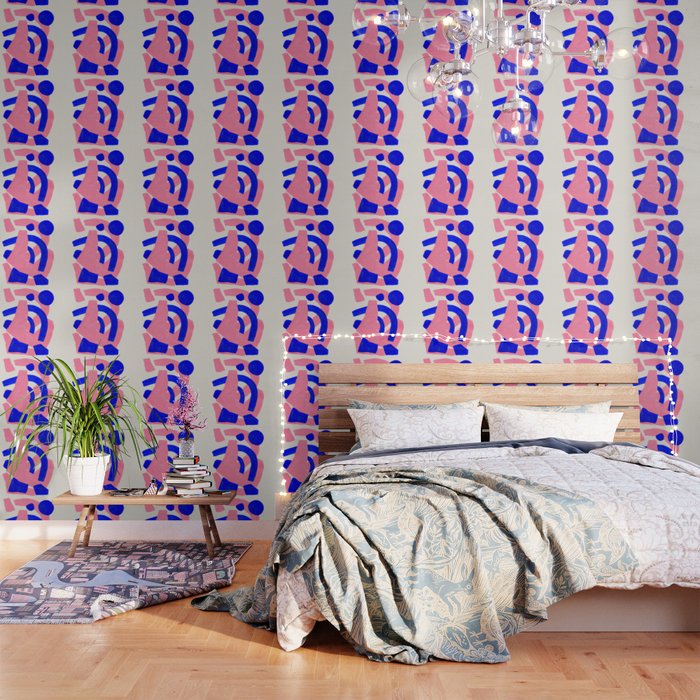 Abstract Painting Mid Century Modern Abstract Funky Sound Waves Pink Blue Shapes Wallpaper