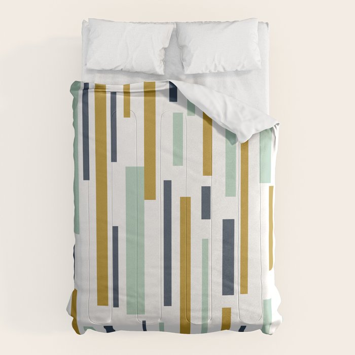 Interrupted Lines Mid-Century Modern Minimalist Pattern In Navy Blue, Teal Mint, Gold Mustard, White Comforter