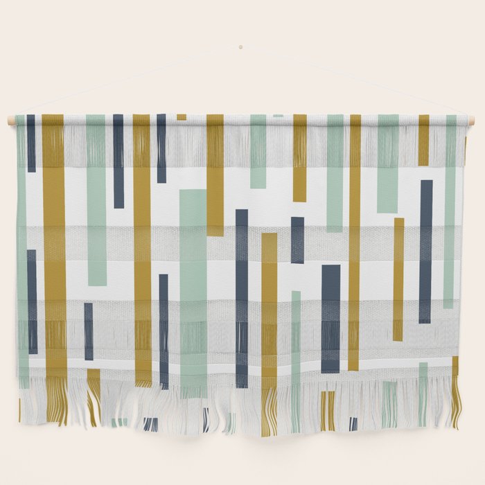 Interrupted Lines Mid-Century Modern Minimalist Pattern In Navy Blue, Teal Mint, Gold Mustard, White Wall Hanging