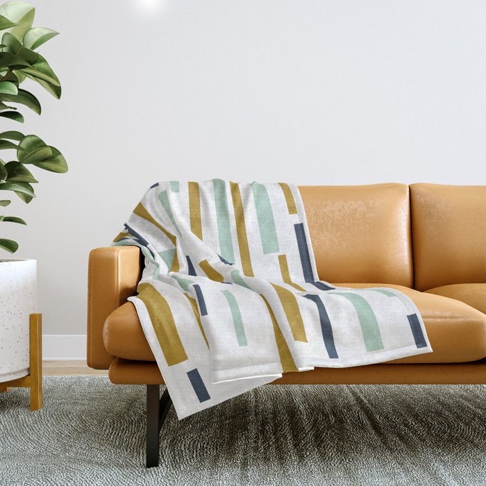 Interrupted Lines Mid-Century Modern Minimalist Pattern In Navy Blue, Teal Mint, Gold Mustard, White Throw Blanket