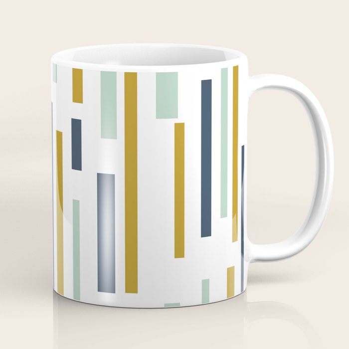 Interrupted Lines Mid-Century Modern Minimalist Pattern In Navy Blue, Teal Mint, Gold Mustard, White Coffee Mug