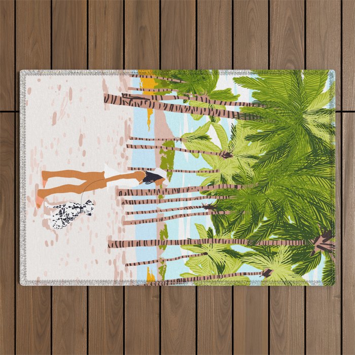 The Happy Spots, Dalmatian Dog Pets, Bohemian Woman Beach Tropical Palm Fashion Illustration Outdoor Rug