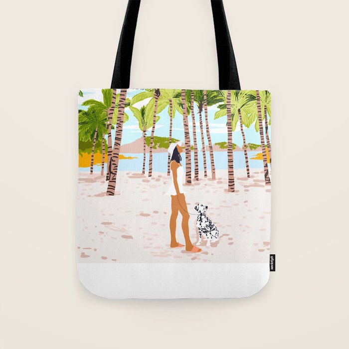 The Happy Spots, Dalmatian Dog Pets, Bohemian Woman Beach Tropical Palm Fashion Illustration Tote Bag