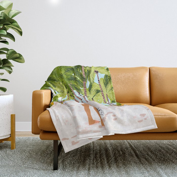 The Happy Spots, Dalmatian Dog Pets, Bohemian Woman Beach Tropical Palm Fashion Illustration Throw Blanket