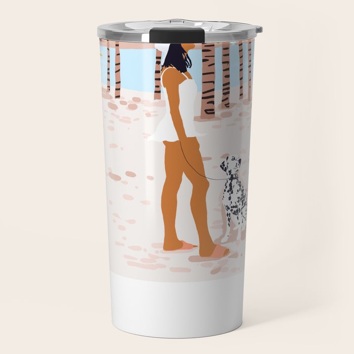 The Happy Spots, Dalmatian Dog Pets, Bohemian Woman Beach Tropical Palm Fashion Illustration Travel Mug