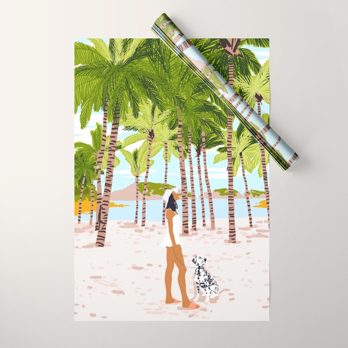 The Happy Spots, Dalmatian Dog Pets, Bohemian Woman Beach Tropical Palm Fashion Illustration Wrapping Paper
