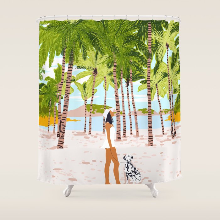 The Happy Spots, Dalmatian Dog Pets, Bohemian Woman Beach Tropical Palm Fashion Illustration Shower Curtain