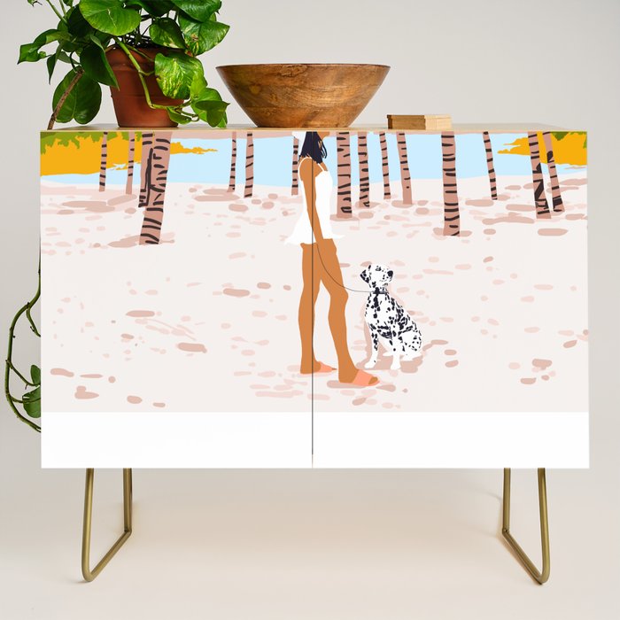 The Happy Spots, Dalmatian Dog Pets, Bohemian Woman Beach Tropical Palm Fashion Illustration Credenza